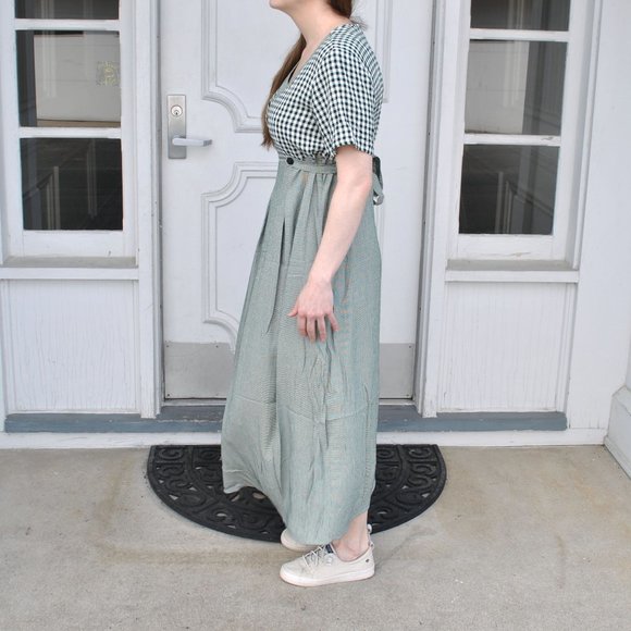 Vintage 90s Gingham Print Dress Short Sleeve Green & Cream Maxi Dress Nu Venture - Picture 3 of 10